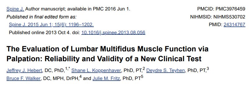 The evaluation of lumbar multifidus muscle function via palpation: reliability and validity of a new clinical test Mainstay Medical Australia