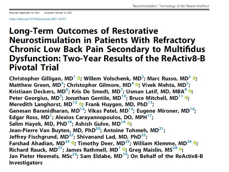 Long-term outcomes of restorative neurostimulation in patients with refractory chronic low back pain secondary to mutilfidus dysfunction: Two-year results of the ReActiv8-B Pivotal Trial Mainstay Medical