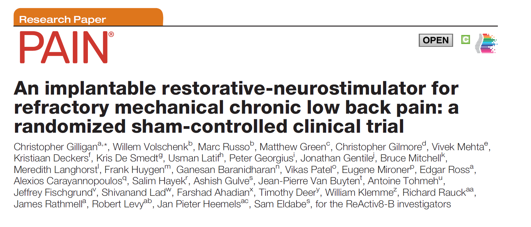 An implantable restorative-neurostimulator for refractory mechanical chronic low back pain: a randomized sham-controlled clinical trial Mainstay Medical Australia