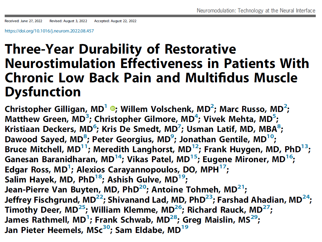 Three-Year Durability of Restorative Neurostimulation Effectiveness in Patients With Chronic Low Back Pain and Multifidus Muscle Dysfunction Mainstay Medical Australia
