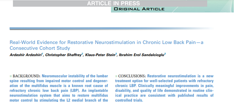 Real-world evidence for restorative neurostimulation in chronic low back pain a consective cohort study Mainstay Medical Australia